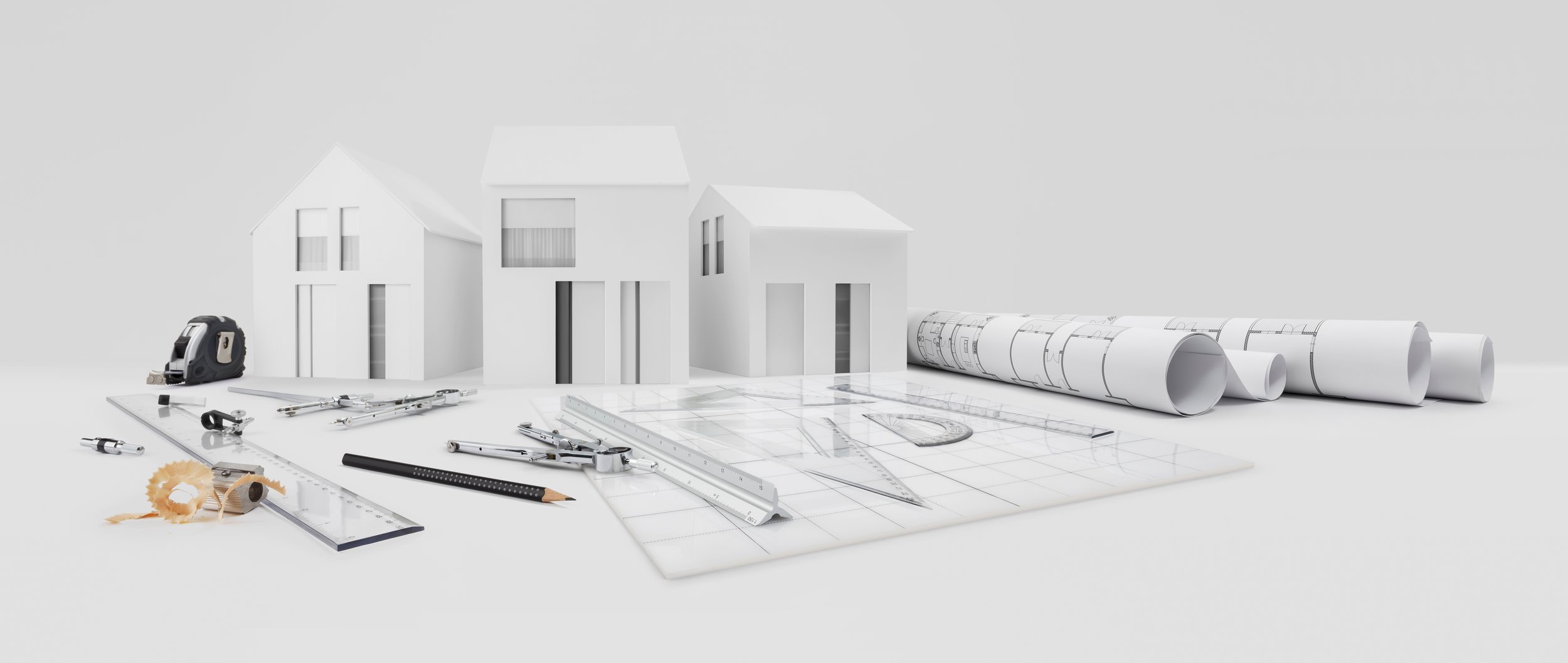 Architectural,Model,Of,Houses,On,Desk,With,Drawing,Technical,Tools